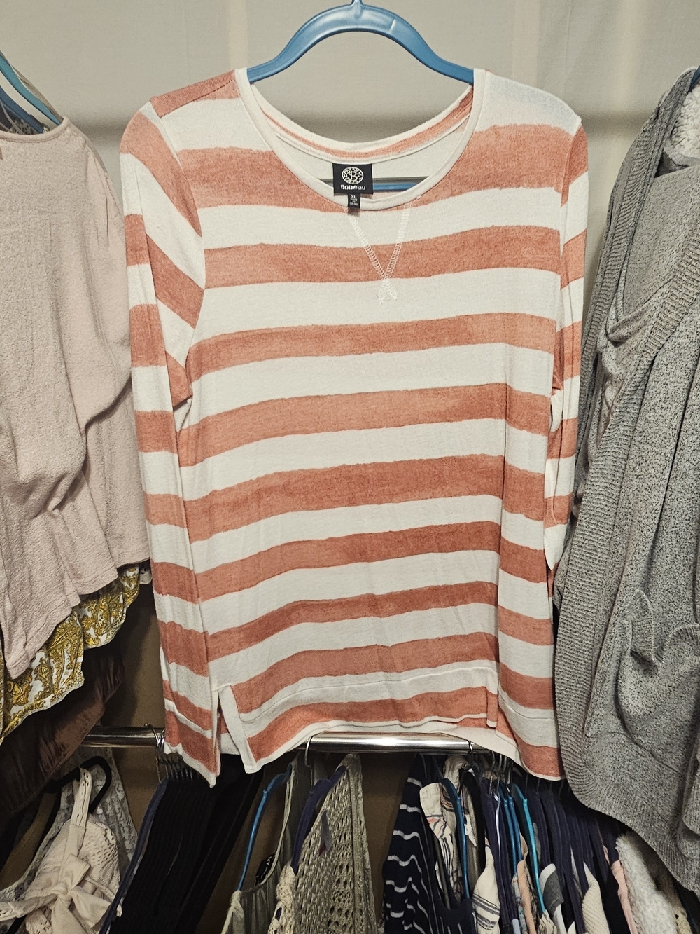 Luxe Women's Cream & Coral-Stripes Long Sleeve Top